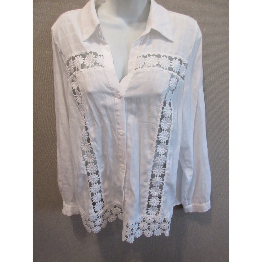 Orchid Haze White Lace Floral Cutout Lightweight Button Down Top Costal L Beach